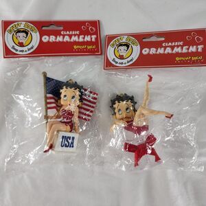 Pair of Vintage Betty Boop Ornaments USA Patriotic Red Dress Champagne Glass